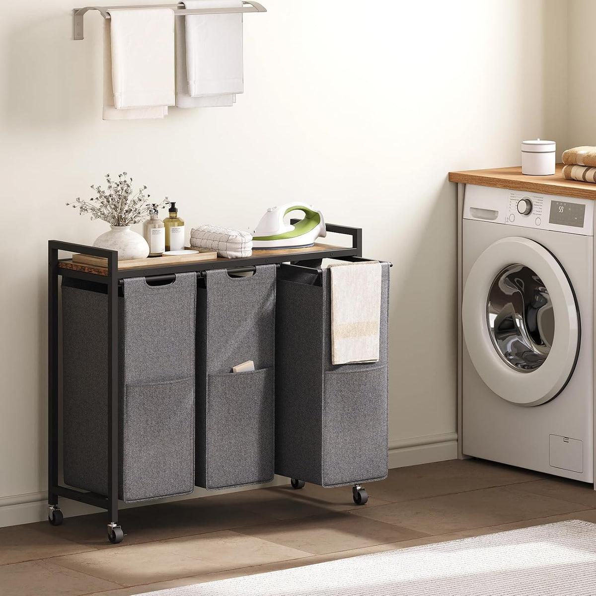 Laundry Sorter 3 Section, Laundry Hamper with Wheels, 3 × 11.5 Gal (43.4L), Rolling Laundry Basket, Pull-Out and Removable Oxford Fabric Bags, White WG76XY01