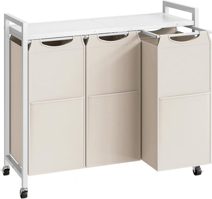 Laundry Sorter 3 Section, Laundry Hamper with Wheels, 3 × 11.5 Gal (43.4L), Rolling Laundry Basket, Pull-Out and Removable Oxford Fabric Bags, White WG76XY01