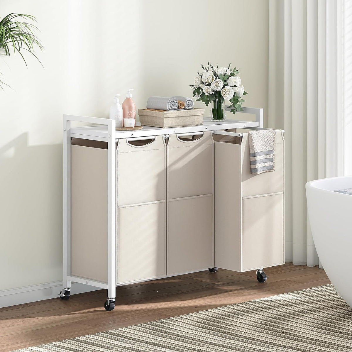 Laundry Sorter 3 Section, Laundry Hamper with Wheels, 3 × 11.5 Gal (43.4L), Rolling Laundry Basket, Pull-Out and Removable Oxford Fabric Bags, White WG76XY01