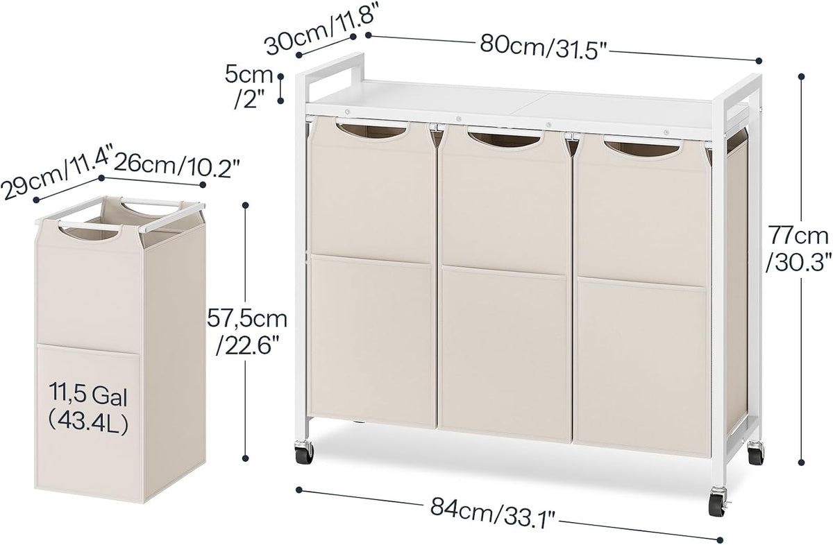Laundry Sorter 3 Section, Laundry Hamper with Wheels, 3 × 11.5 Gal (43.4L), Rolling Laundry Basket, Pull-Out and Removable Oxford Fabric Bags, White WG76XY01