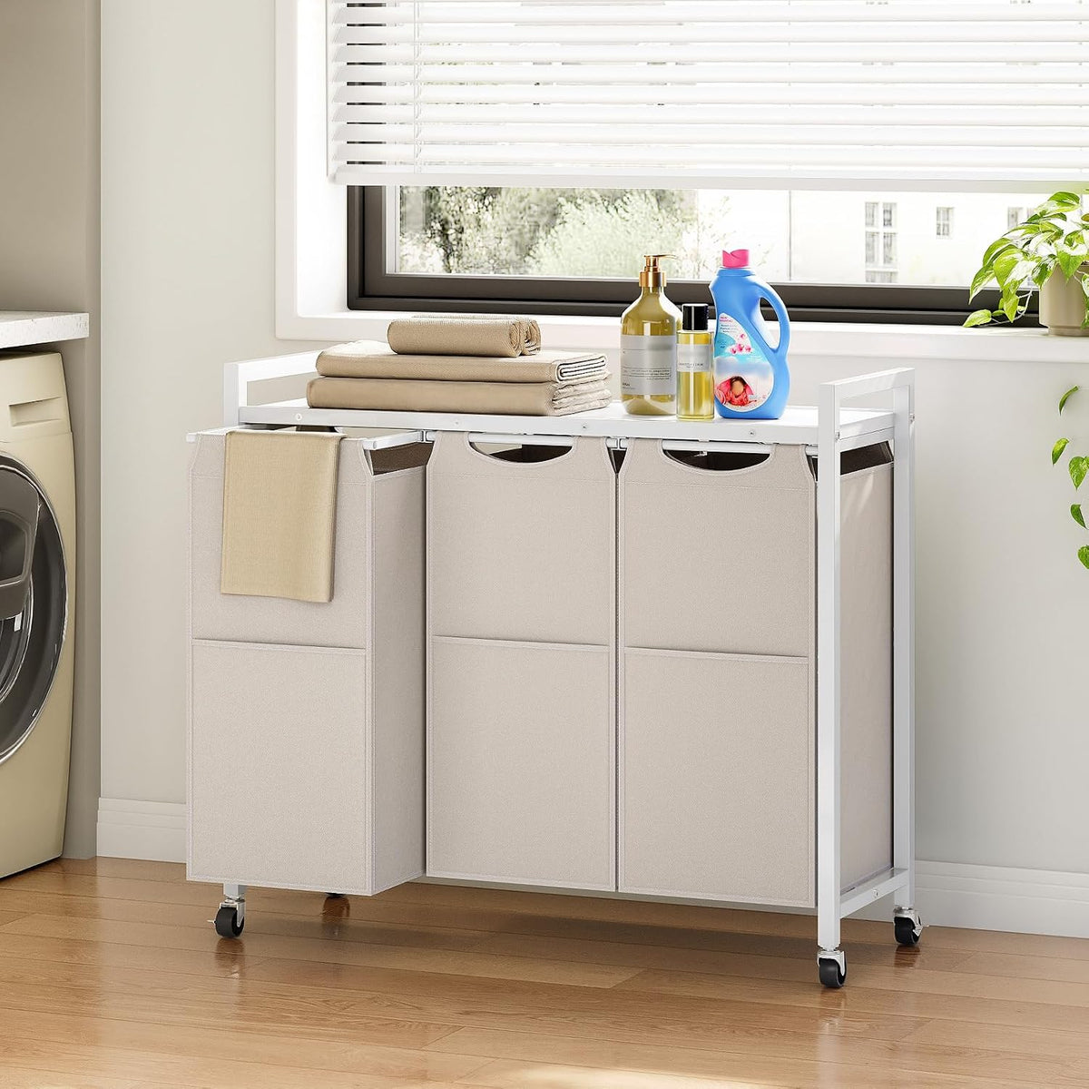 Laundry Sorter 3 Section, Laundry Hamper with Wheels, 3 × 11.5 Gal (43.4L), Rolling Laundry Basket, Pull-Out and Removable Oxford Fabric Bags, White WG76XY01