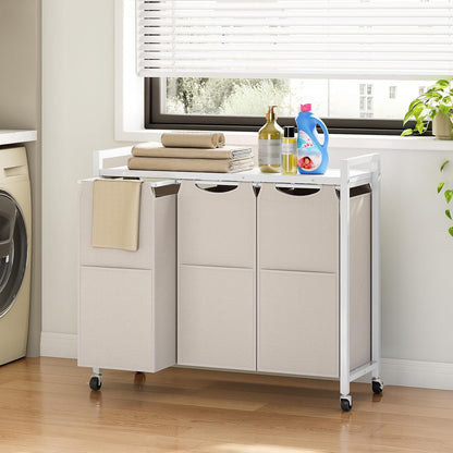 Laundry Sorter 3 Section, Laundry Hamper with Wheels, 3 × 11.5 Gal (43.4L), Rolling Laundry Basket, Pull-Out and Removable Oxford Fabric Bags, White WG76XY01