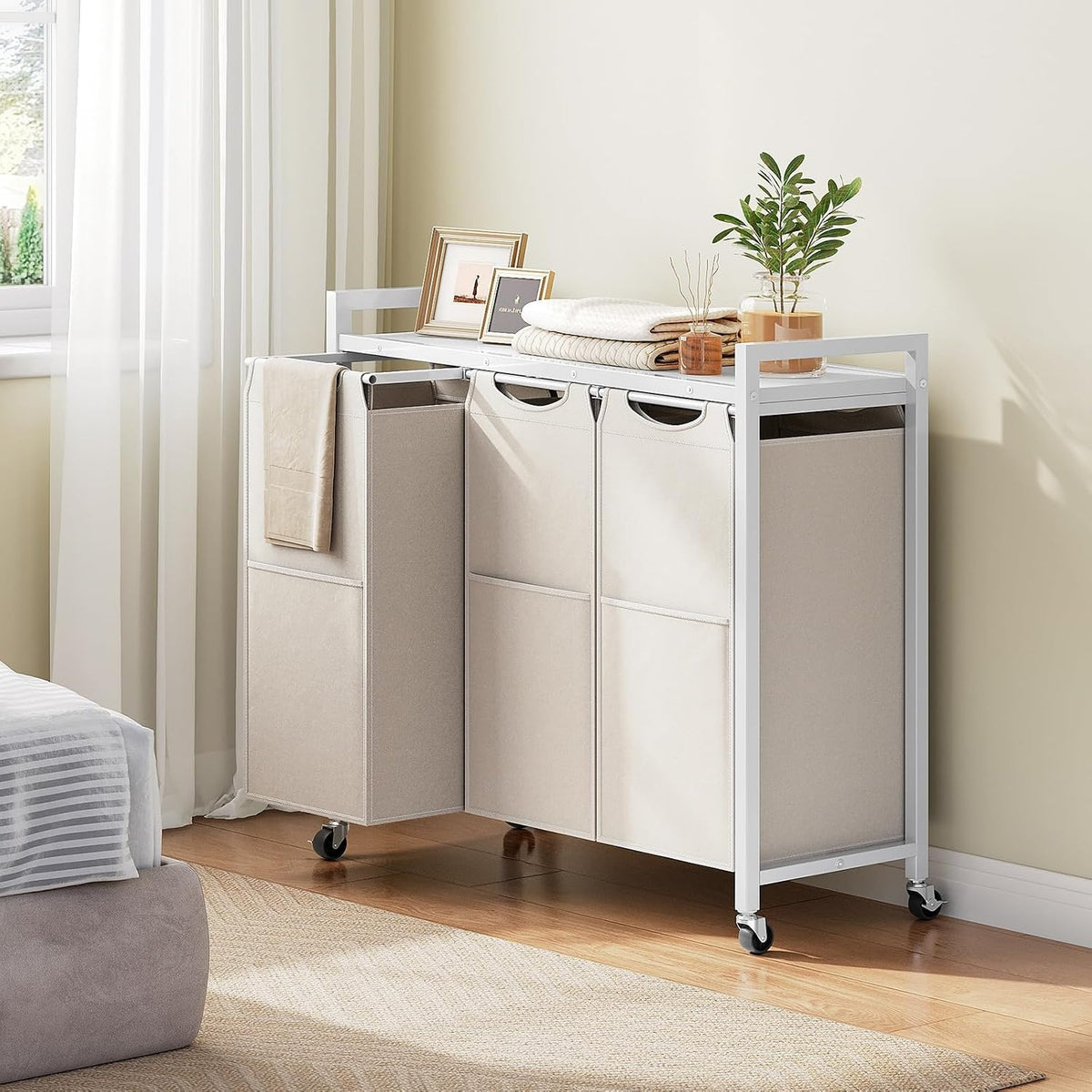 Laundry Sorter 3 Section, Laundry Hamper with Wheels, 3 × 11.5 Gal (43.4L), Rolling Laundry Basket, Pull-Out and Removable Oxford Fabric Bags, White WG76XY01