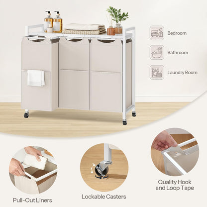 Laundry Sorter 3 Section, Laundry Hamper with Wheels, 3 × 11.5 Gal (43.4L), Rolling Laundry Basket, Pull-Out and Removable Oxford Fabric Bags, White WG76XY01