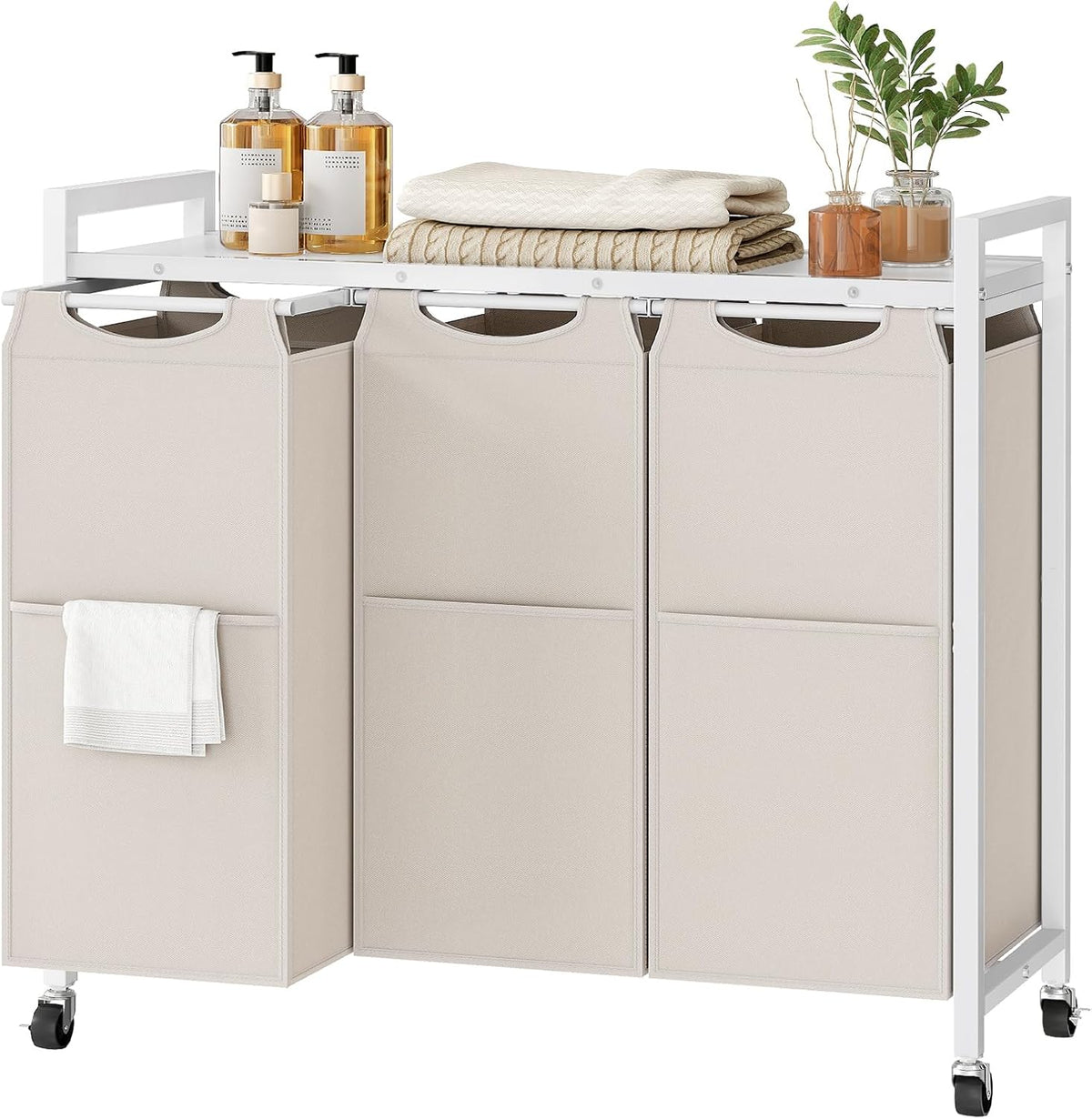 Laundry Sorter 3 Section, Laundry Hamper with Wheels, 3 × 11.5 Gal (43.4L), Rolling Laundry Basket, Pull-Out and Removable Oxford Fabric Bags, White WG76XY01