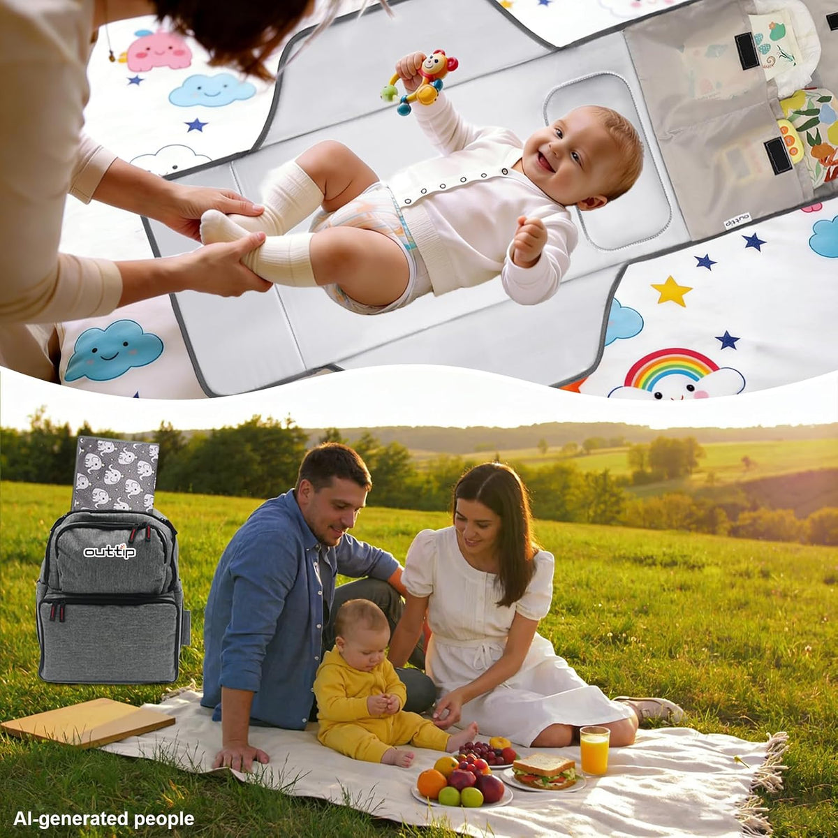 31" X 24.2" Extra Long Large Lightweight Toddler Diaper Changing Pad Travel, Cute Design 1-36 Month Infant Foldable Baby Changing Mat Wipeable, Changing Pad Portable for Station, Car, Stroller