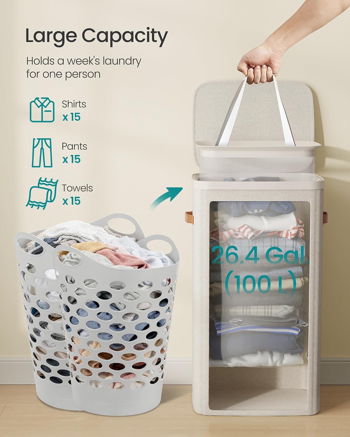 SONGMICS Laundry Basket, 100L Laundry Hamper with Lid, 1 Removable Bag