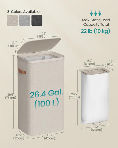 SONGMICS Laundry Basket, 100L Laundry Hamper with Lid, 1 Removable Bag