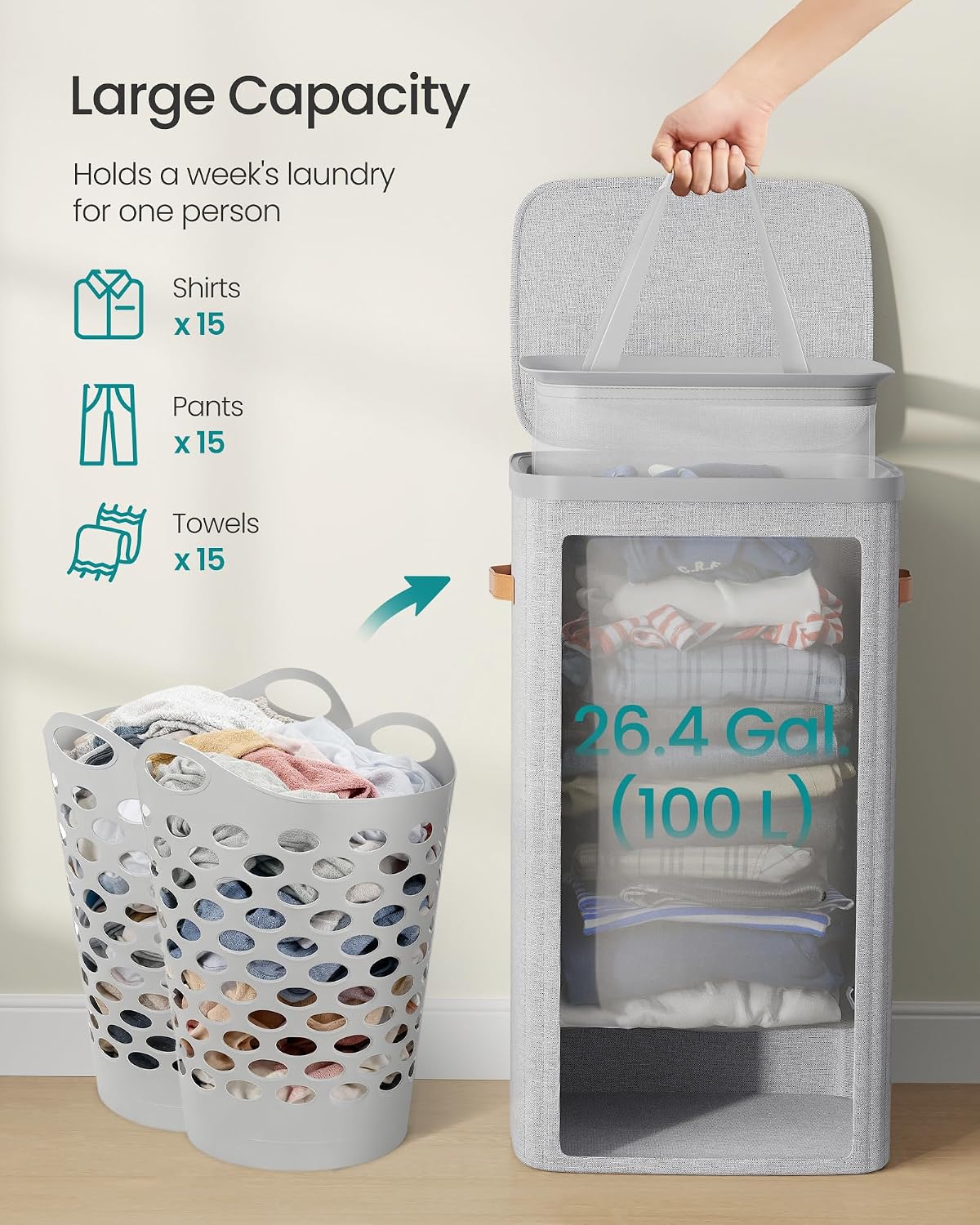 SONGMICS Laundry Basket, 100L Laundry Hamper with Lid, 1 Removable Bag