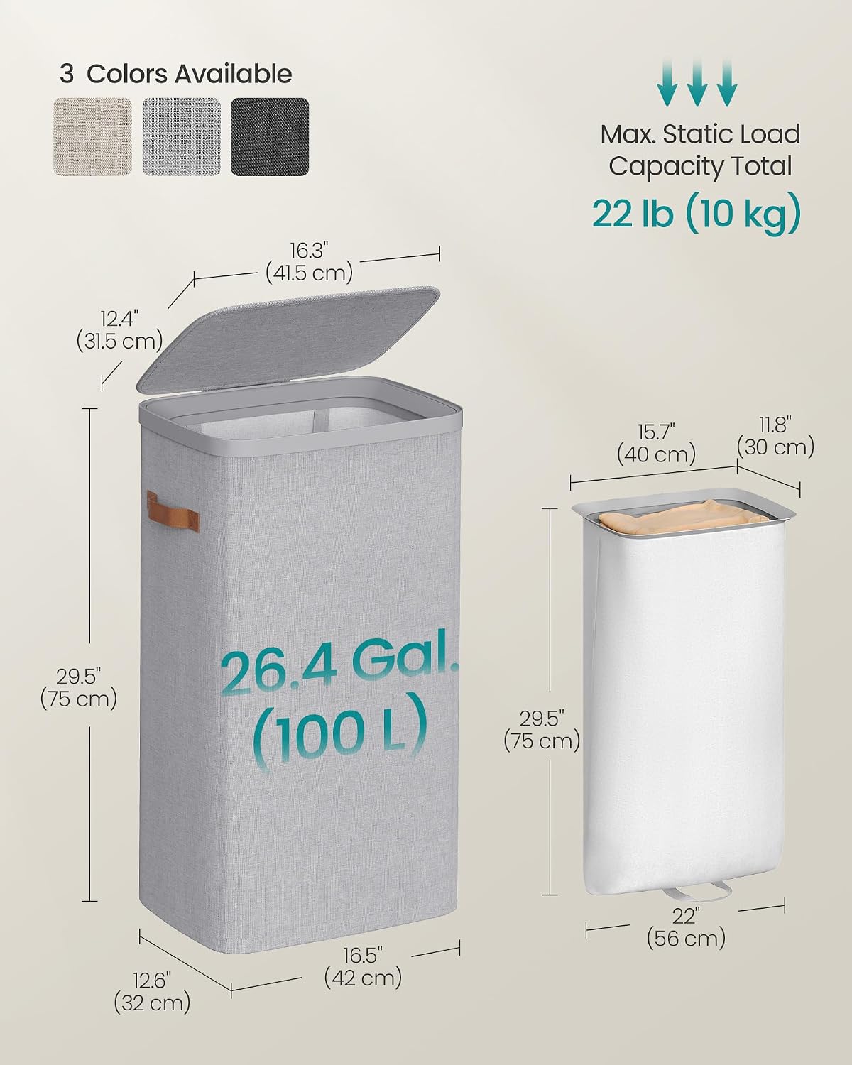 SONGMICS Laundry Basket, 100L Laundry Hamper with Lid, 1 Removable Bag