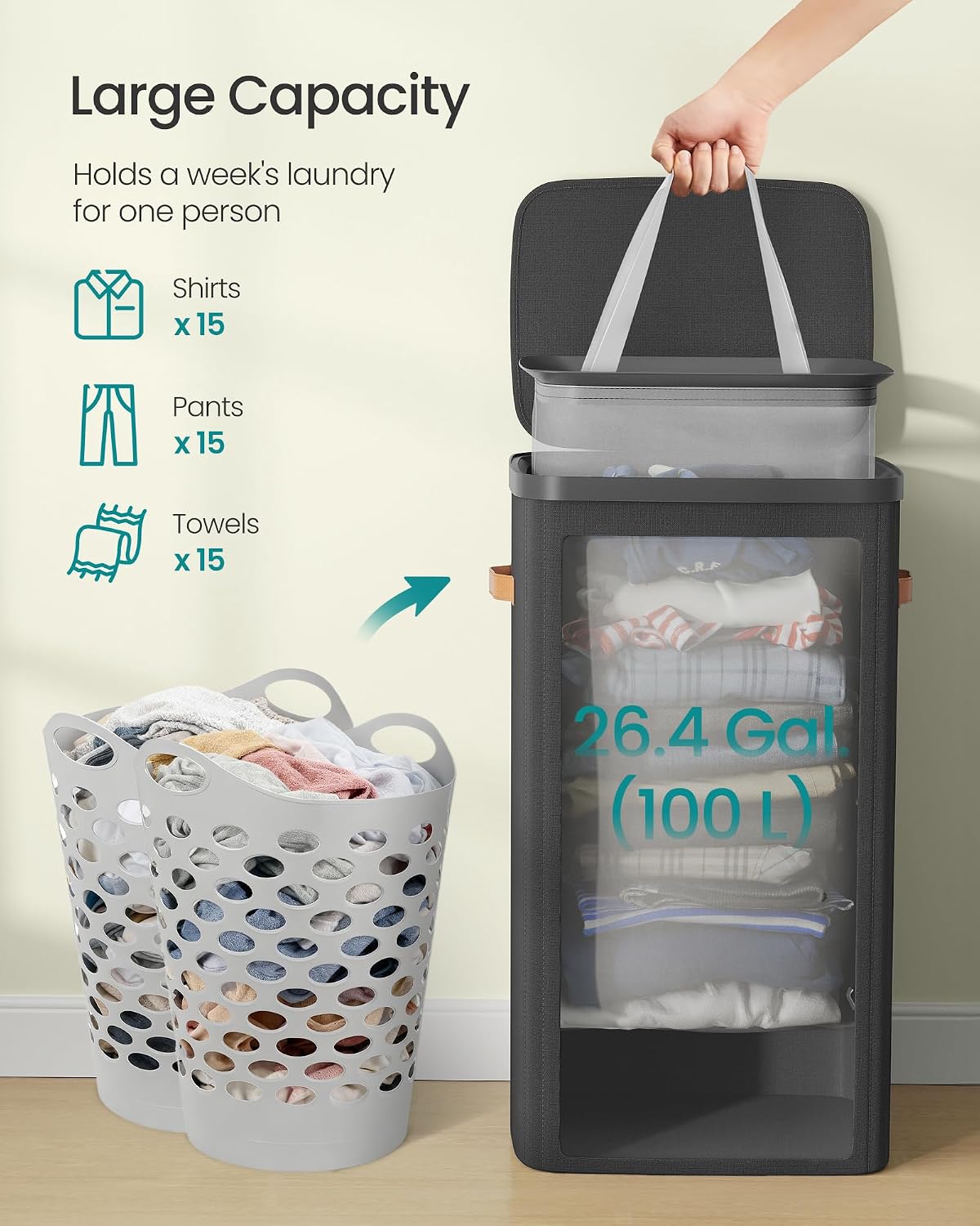 SONGMICS Laundry Basket, 100L Laundry Hamper with Lid, 1 Removable Bag