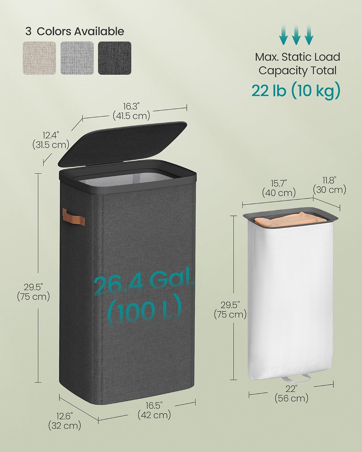 SONGMICS Laundry Basket, 100L Laundry Hamper with Lid, 1 Removable Bag