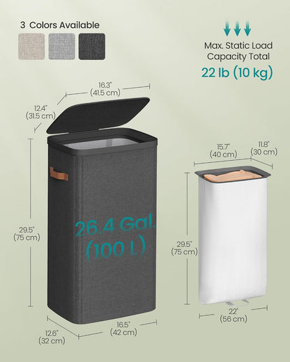 SONGMICS Laundry Basket, 100L Laundry Hamper with Lid, 1 Removable Bag