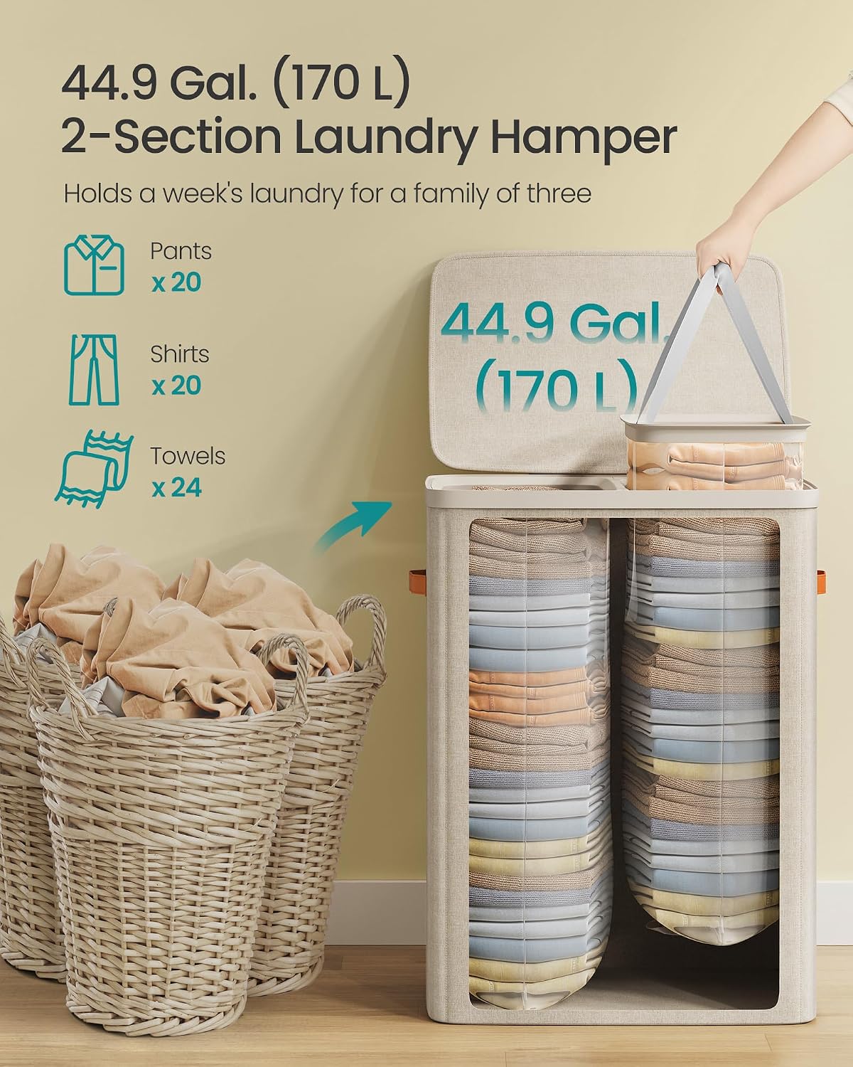 SONGMICS Laundry Basket, 100L Laundry Hamper with Lid, 1 Removable Bag
