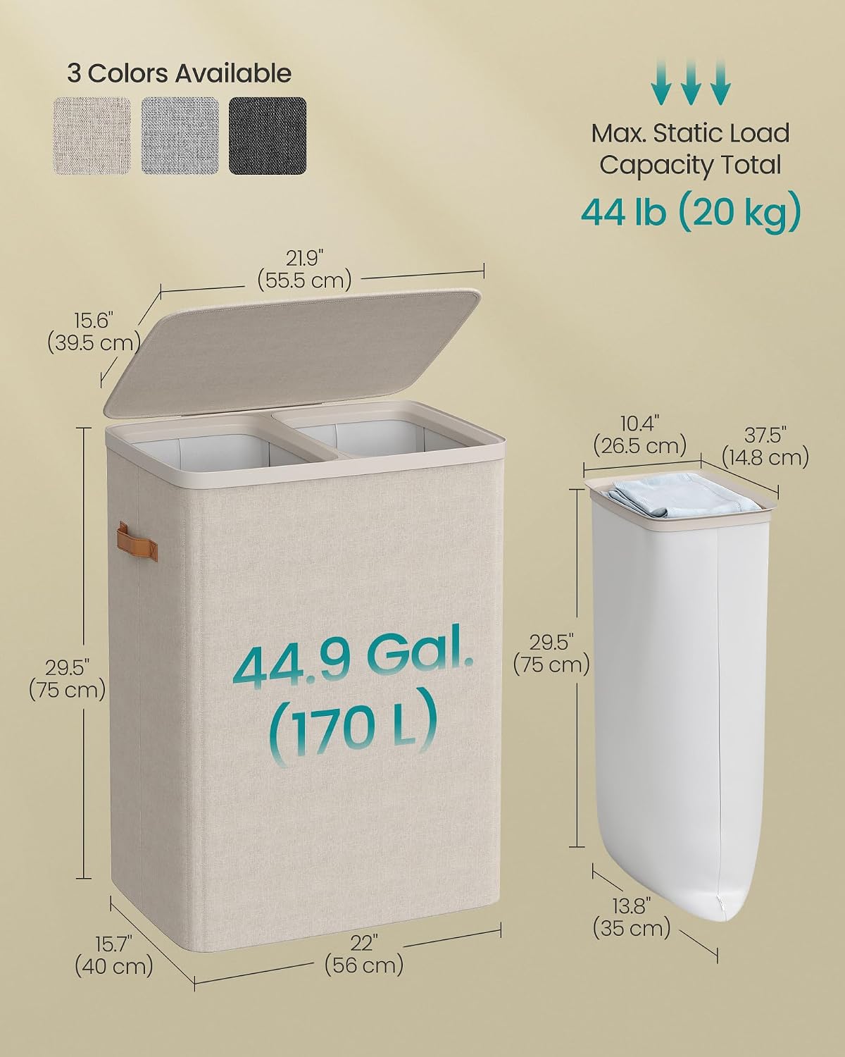 SONGMICS Laundry Basket, 100L Laundry Hamper with Lid, 1 Removable Bag