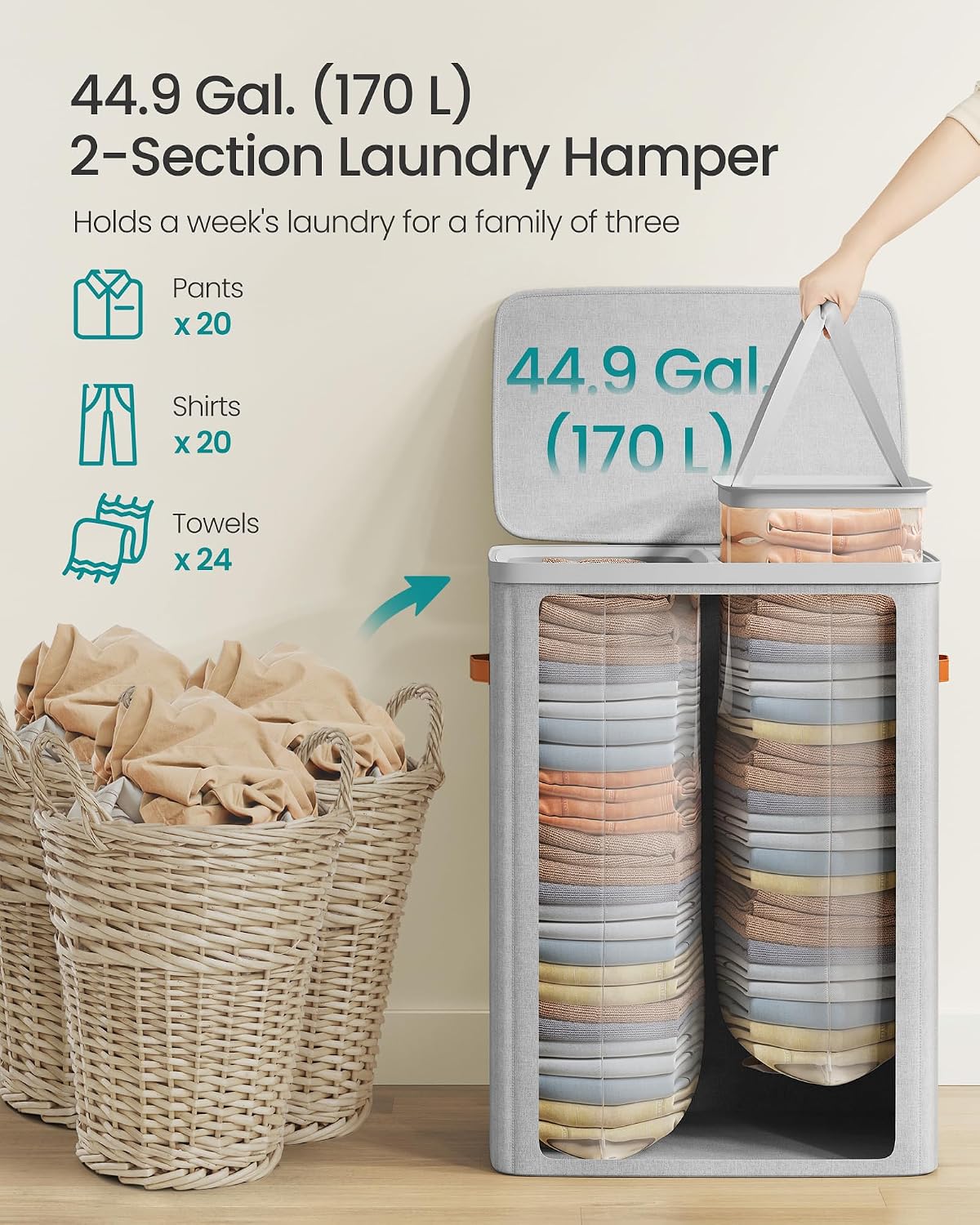 SONGMICS Laundry Basket, 100L Laundry Hamper with Lid, 1 Removable Bag