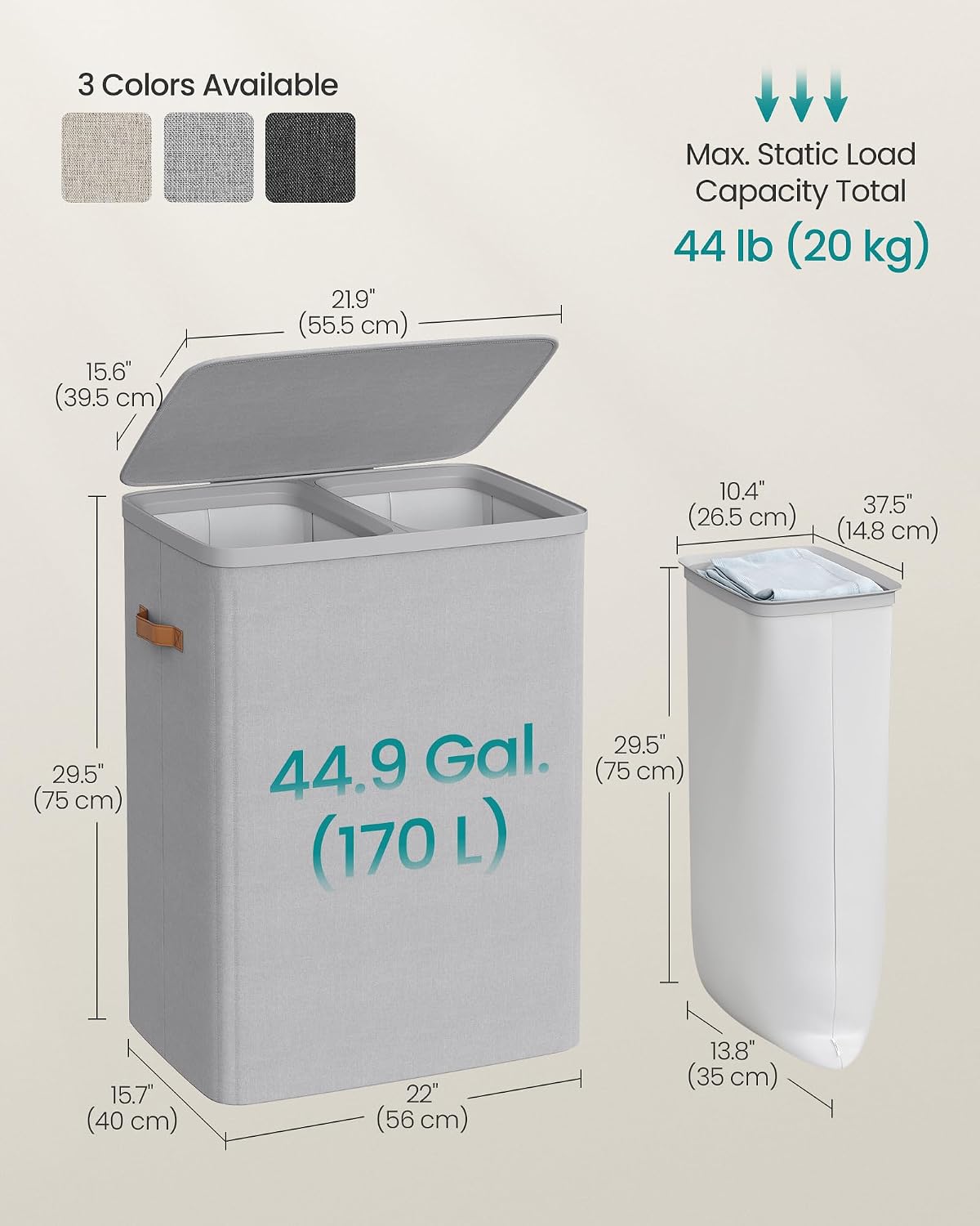 SONGMICS Laundry Basket, 100L Laundry Hamper with Lid, 1 Removable Bag