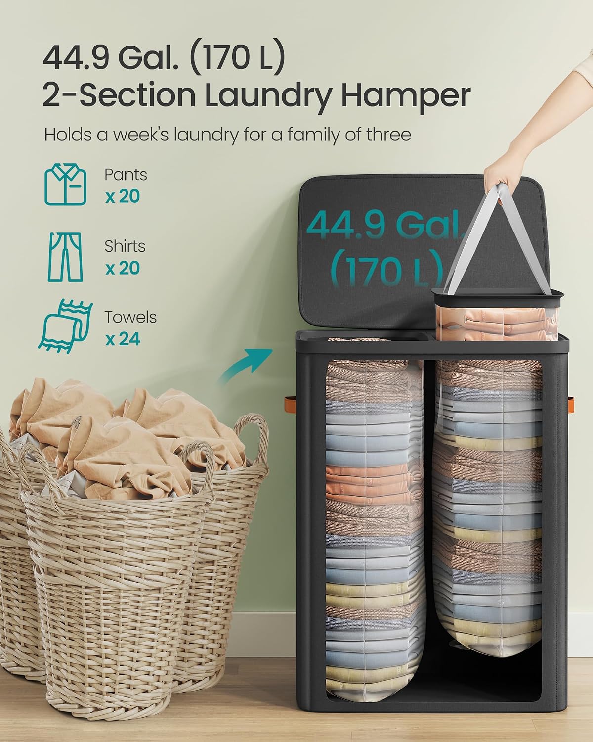 SONGMICS Laundry Basket, 100L Laundry Hamper with Lid, 1 Removable Bag