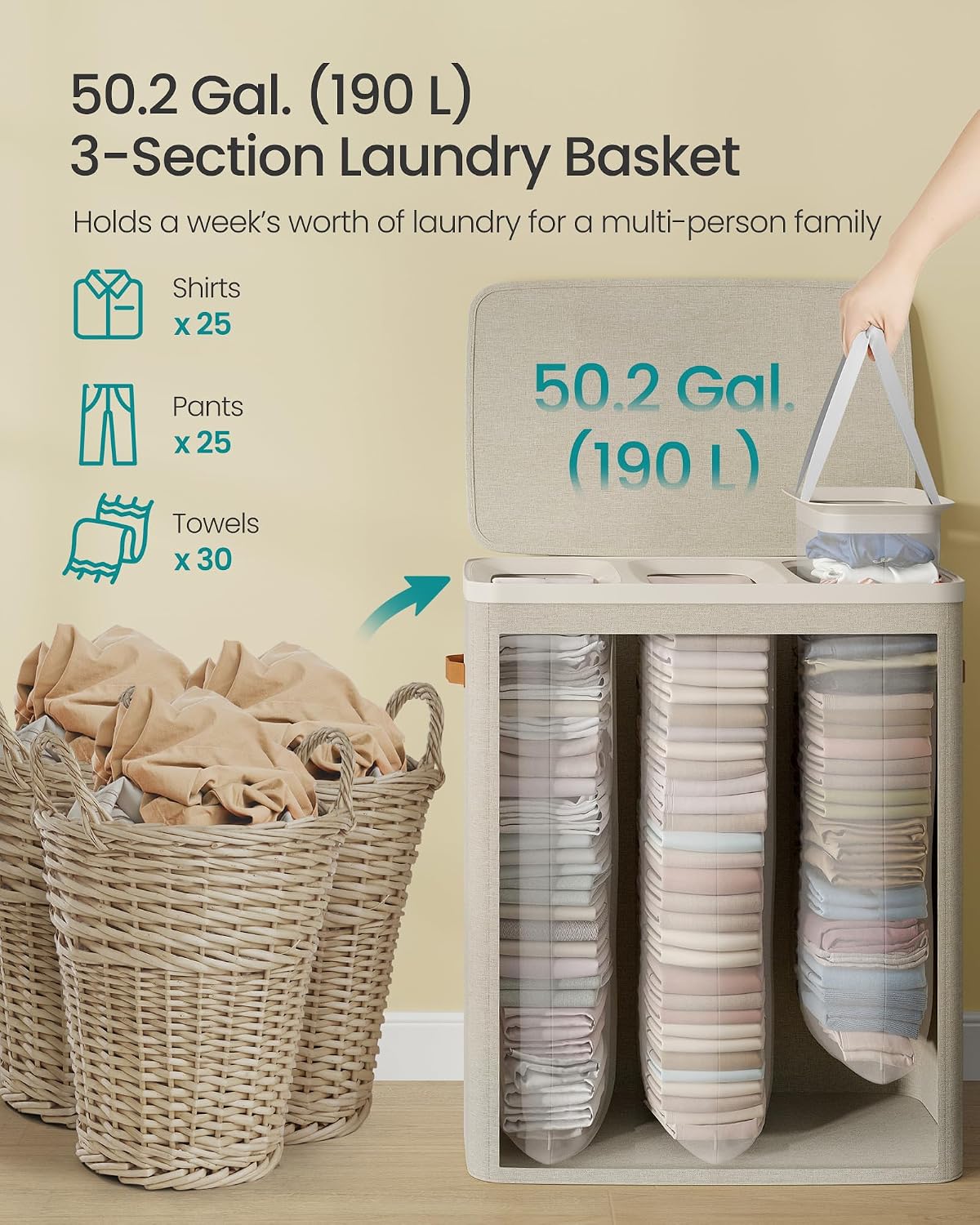 SONGMICS Laundry Basket, 100L Laundry Hamper with Lid, 1 Removable Bag