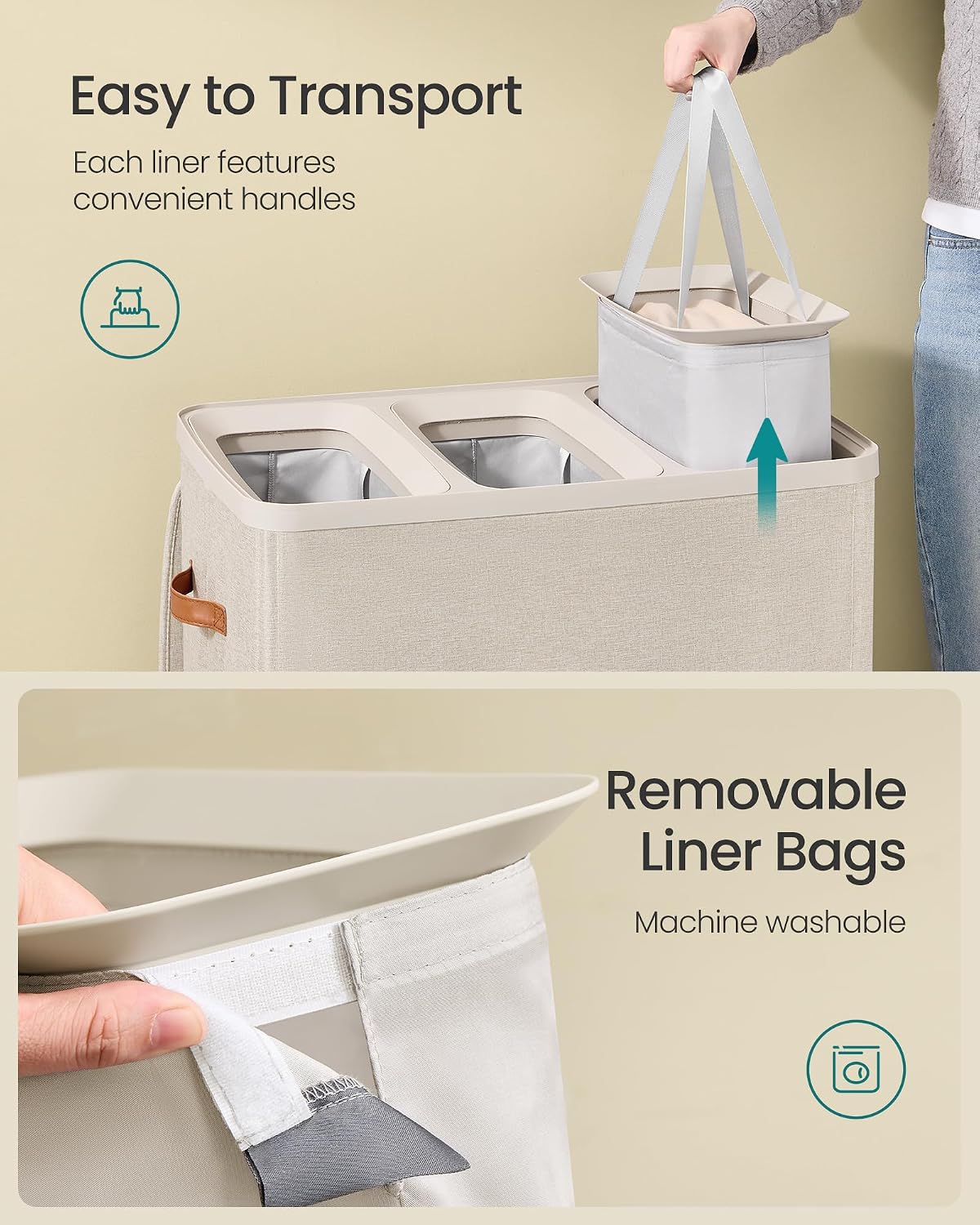 SONGMICS Laundry Basket, 100L Laundry Hamper with Lid, 1 Removable Bag