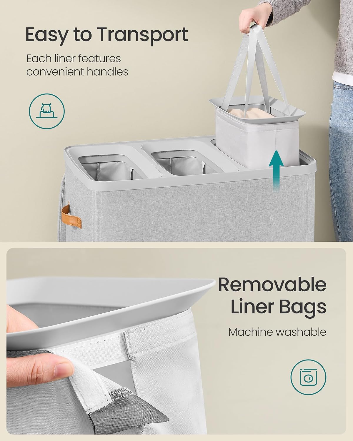 SONGMICS Laundry Basket, 100L Laundry Hamper with Lid, 1 Removable Bag