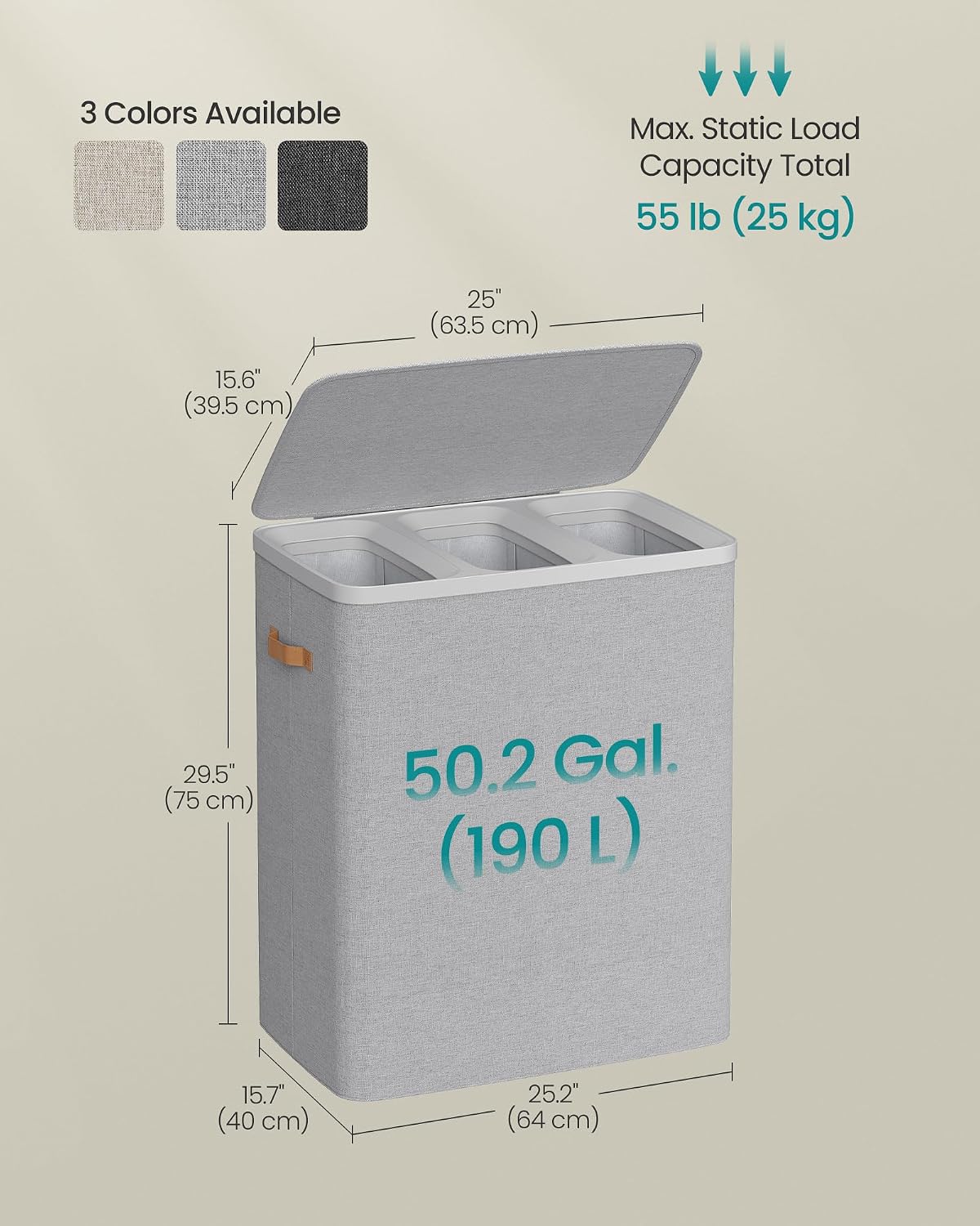 SONGMICS Laundry Basket, 100L Laundry Hamper with Lid, 1 Removable Bag