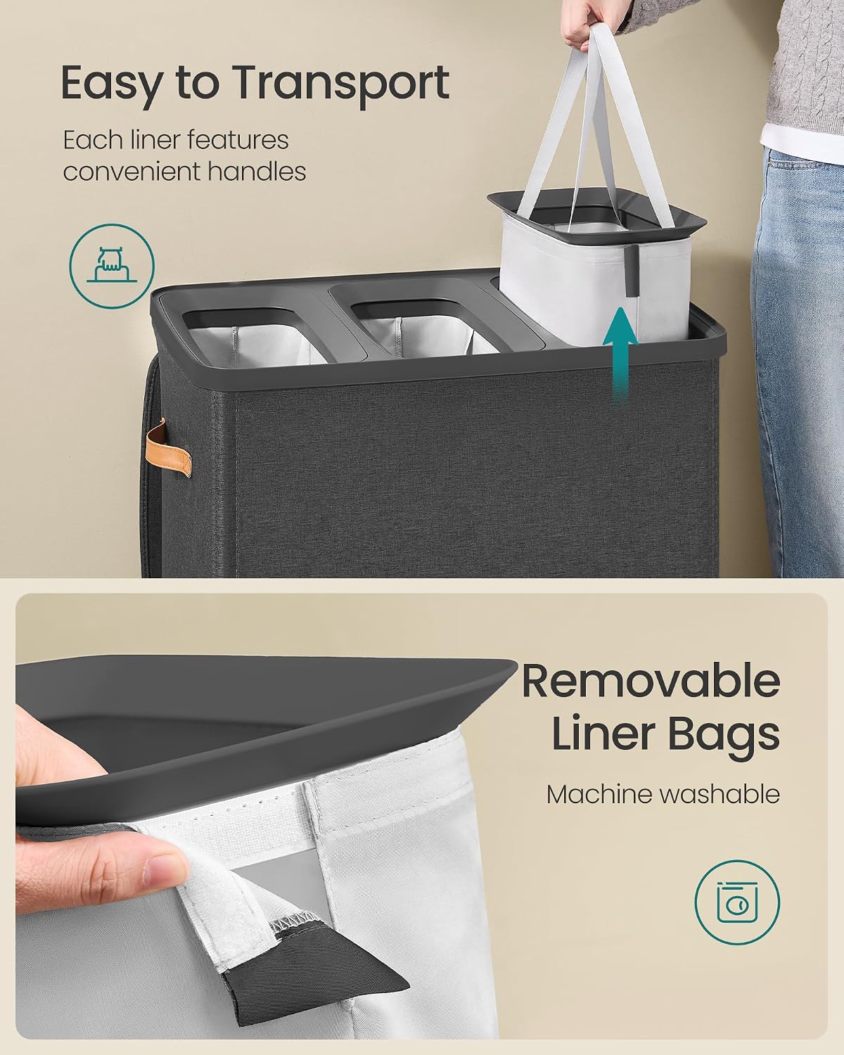 SONGMICS Laundry Basket, 100L Laundry Hamper with Lid, 1 Removable Bag
