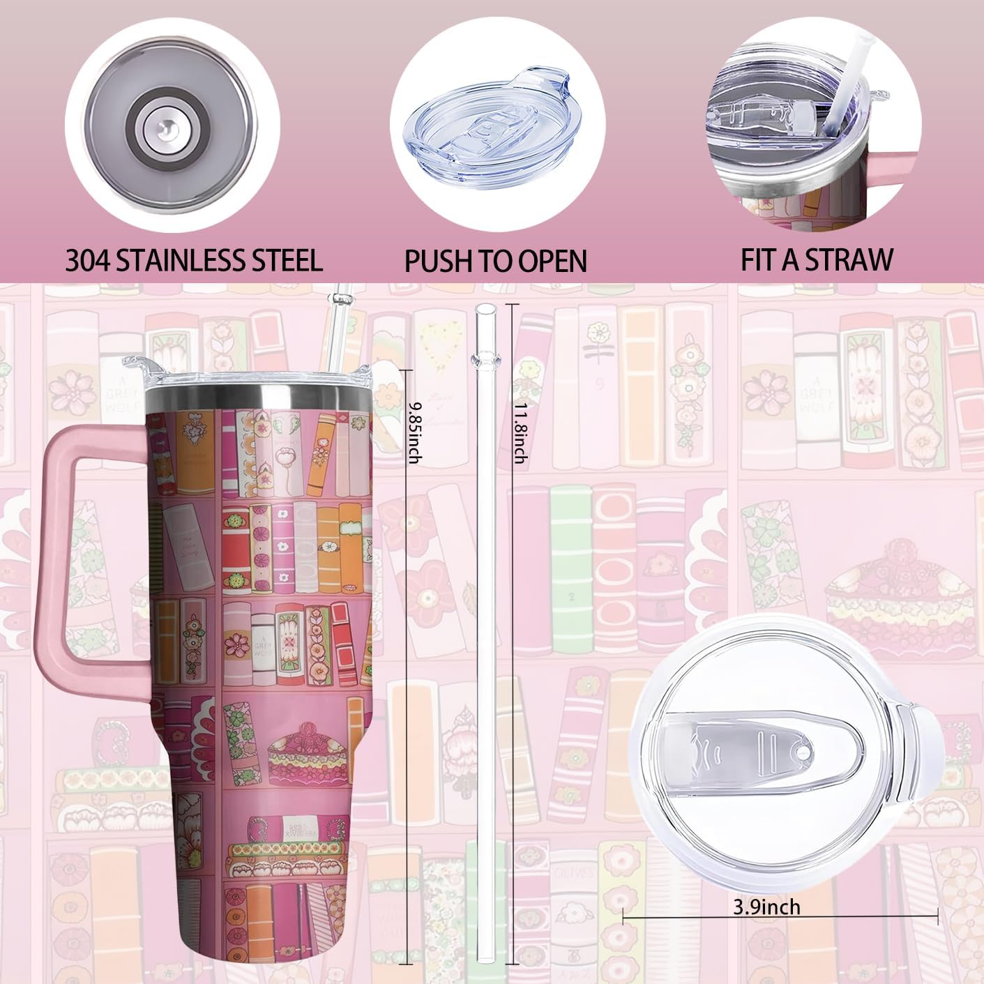 40oz Book Tumbler with Handle and Straw, Book lovers Gifts for Women, Bookish Stainless Steel Travel Mug Water Bottle for Readers, Librarians, Bookaholics, Bookworms, Vacuum Insulated Cup with Lid
