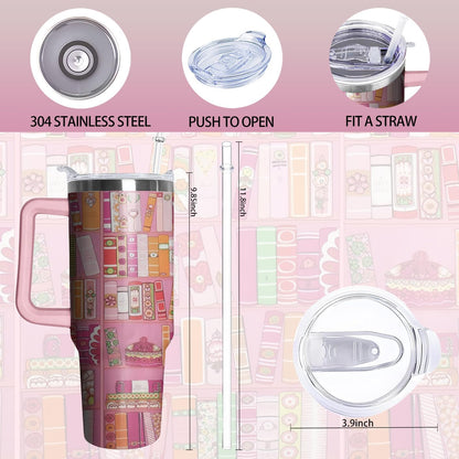 40oz Book Tumbler with Handle and Straw, Book lovers Gifts for Women, Bookish Stainless Steel Travel Mug Water Bottle for Readers, Librarians, Bookaholics, Bookworms, Vacuum Insulated Cup with Lid
