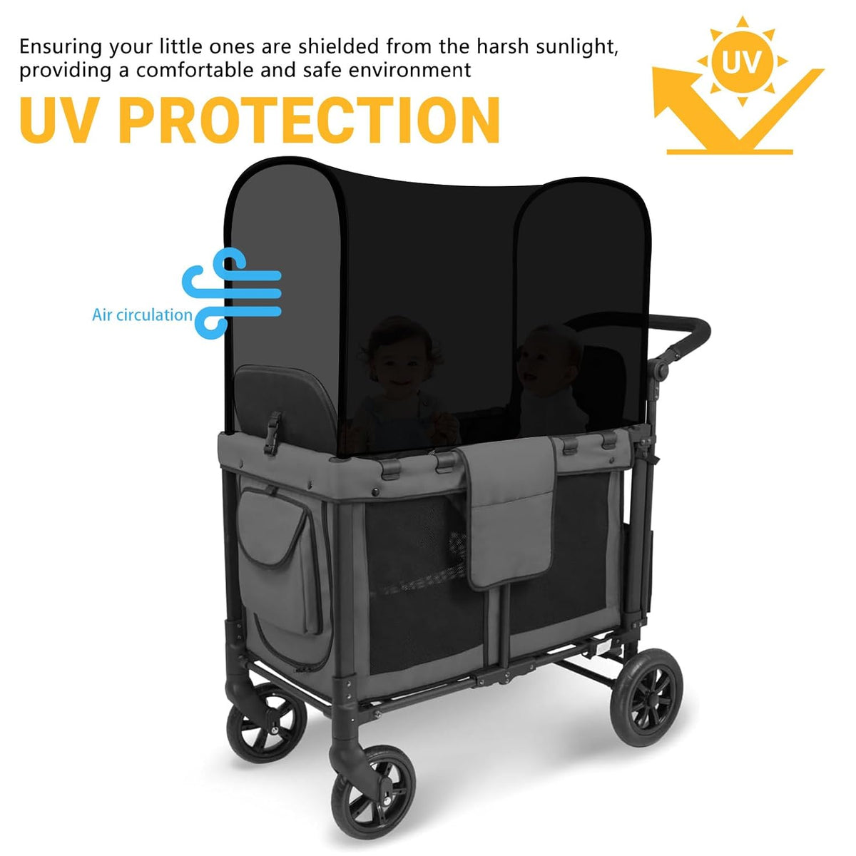 Stretchy Panoramic Canopy Compatible with Wonderfold Stroller Wagons W2/W4 All Model,UPF50+ Fabric Sun Shade and Protection for Riders(Black)
