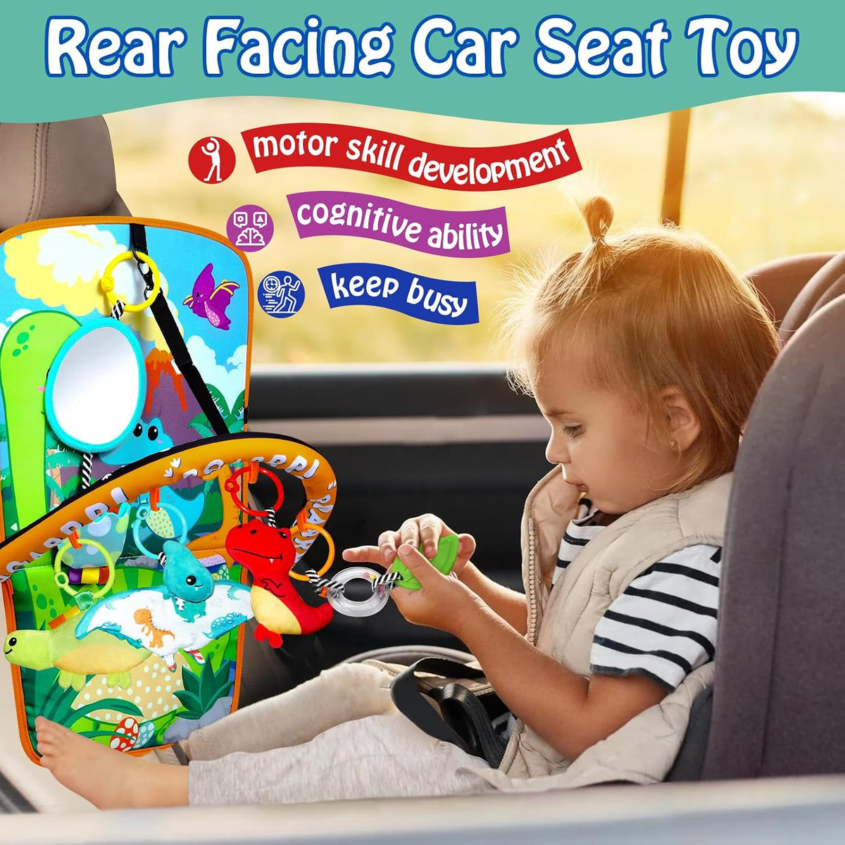 Baby Car Seat Dinosaurs Toys - Kick and Play Double Sided Infant Car Seat Toys with Plush Toys, Mirror, Teether for Baby, Babys Travel Activities, Christmas Birthday Gifts Newborn Infant Toys