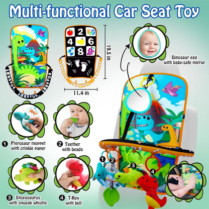 Baby Car Seat Dinosaurs Toys - Kick and Play Double Sided Infant Car Seat Toys with Plush Toys, Mirror, Teether for Baby, Babys Travel Activities, Christmas Birthday Gifts Newborn Infant Toys