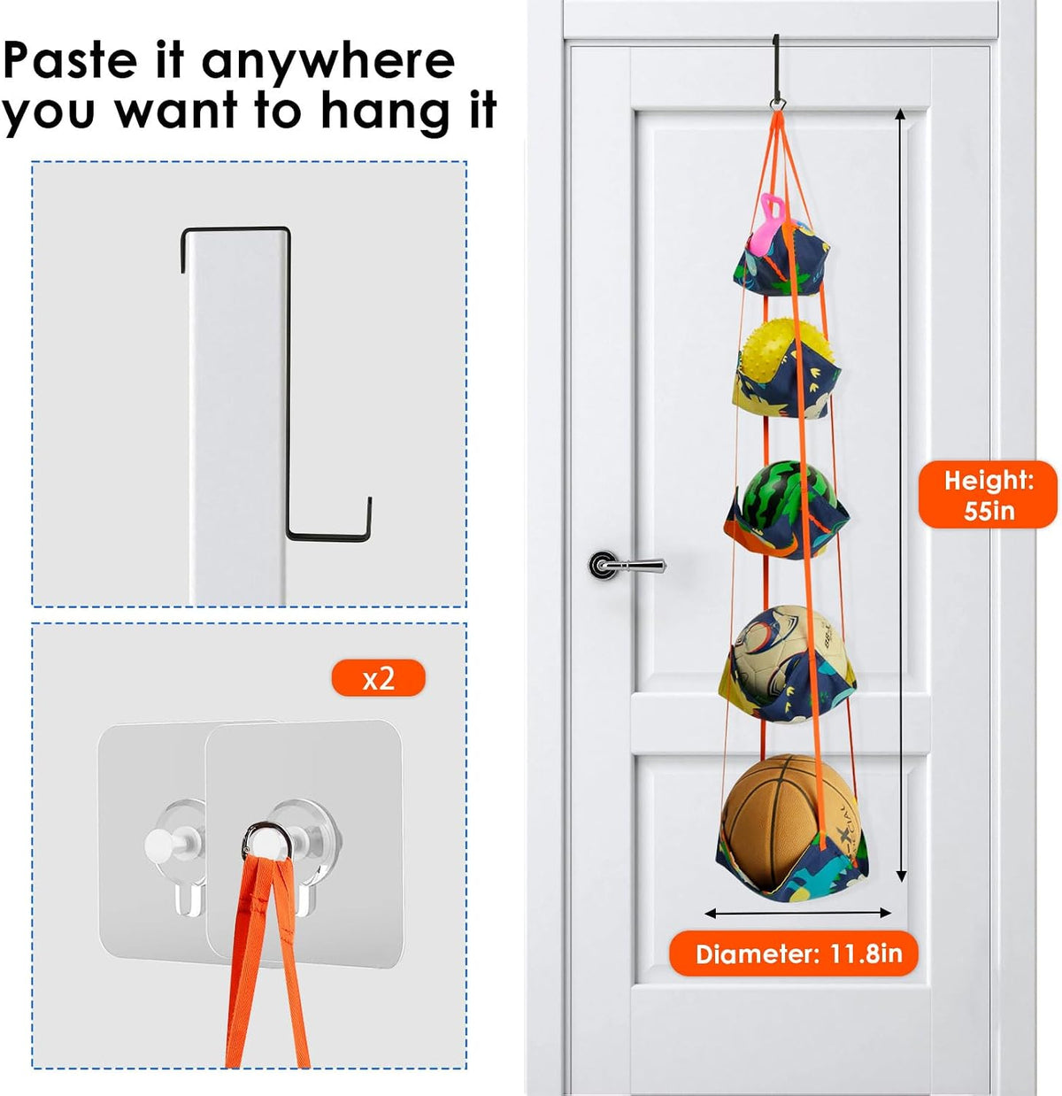 Basketball & Sports Balls Organizer, 5 Tiers Over The Door Toy Storage Net