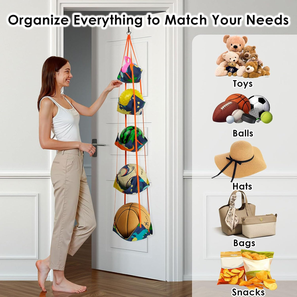 Basketball & Sports Balls Organizer, 5 Tiers Over The Door Toy Storage Net