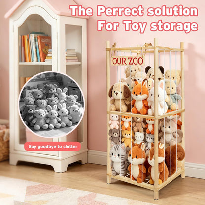 Fuilee Stuffed Animal Storage Zoo, Natural Pine Wood, Medium