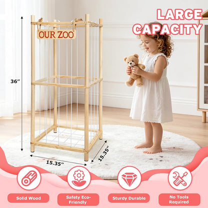 Fuilee Stuffed Animal Storage Zoo, Natural Pine Wood, Medium