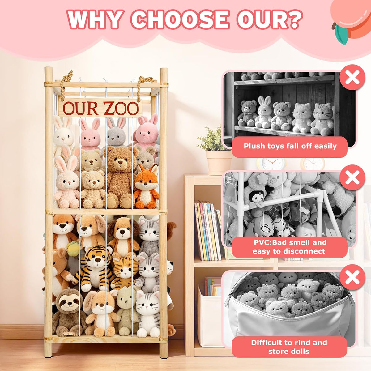 Fuilee Stuffed Animal Storage Zoo, Natural Pine Wood, Medium