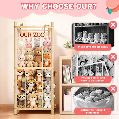 Fuilee Stuffed Animal Storage Zoo, Natural Pine Wood, Medium