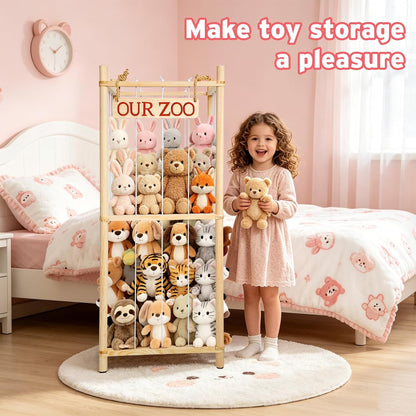 Fuilee Stuffed Animal Storage Zoo, Natural Pine Wood, Medium