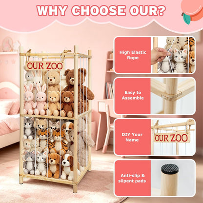 Fuilee Stuffed Animal Storage Zoo, Natural Pine Wood, Medium