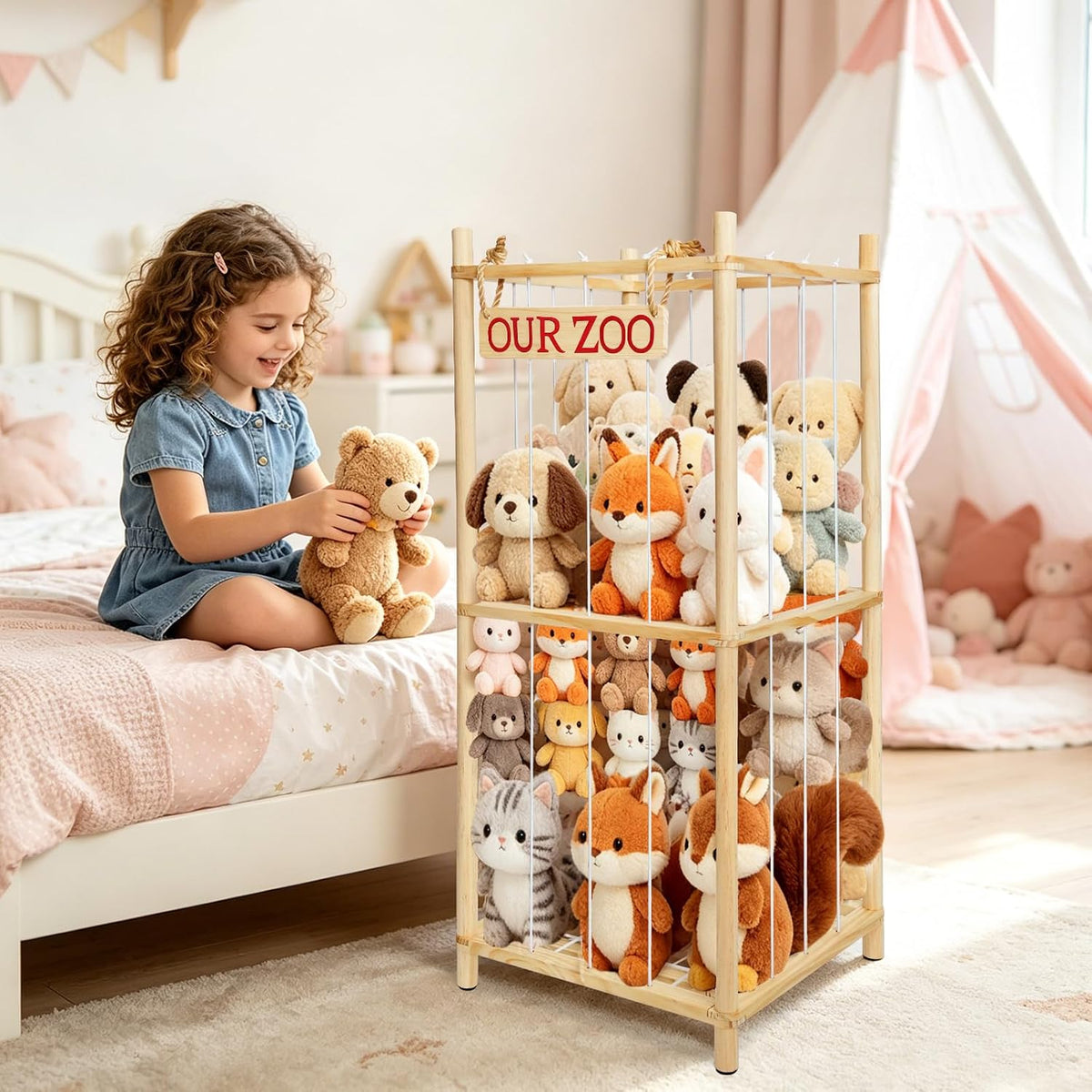 Fuilee Stuffed Animal Storage Zoo, Natural Pine Wood, Medium