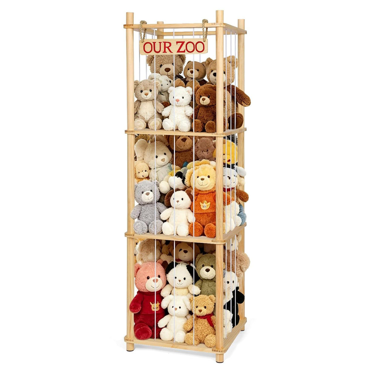 Fuilee Stuffed Animal Storage Zoo, Natural Pine Wood, Medium