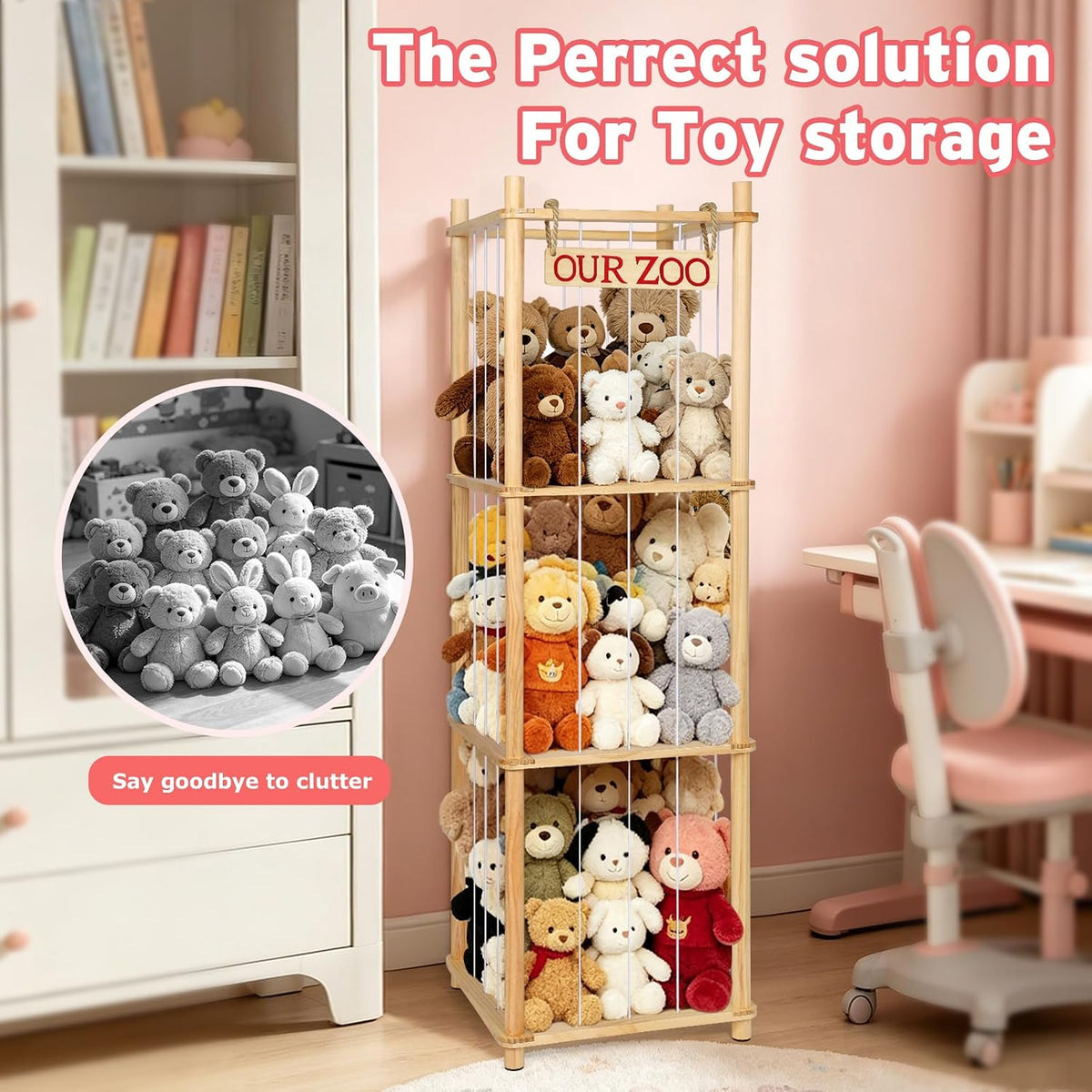 Fuilee Stuffed Animal Storage Zoo, Natural Pine Wood, Medium