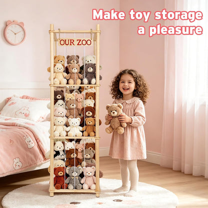 Fuilee Stuffed Animal Storage Zoo, Natural Pine Wood, Medium