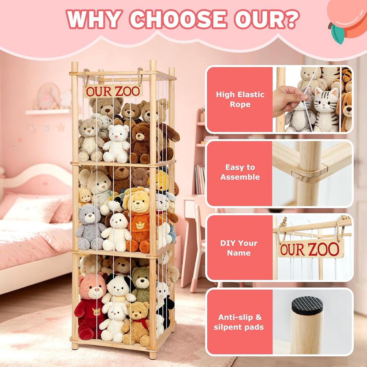 Fuilee Stuffed Animal Storage Zoo, Natural Pine Wood, Medium
