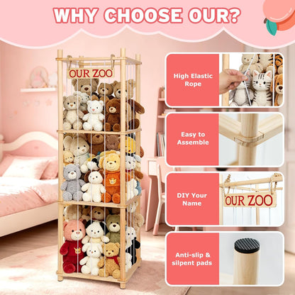 Fuilee Stuffed Animal Storage Zoo, Natural Pine Wood, Medium