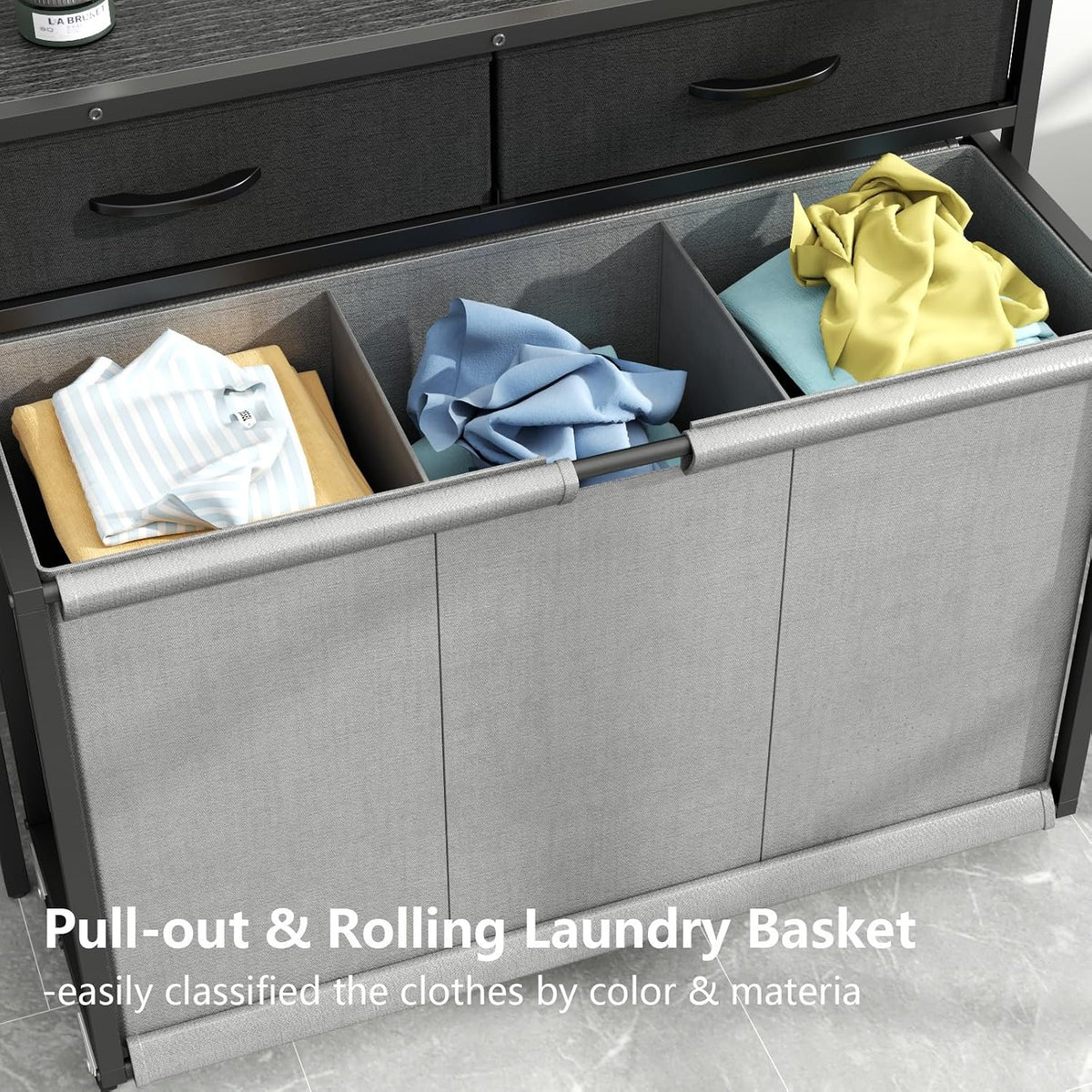 Laundry Hamper Laundry Basket with 3 Section Pull-Out Rolling Bags, Laundry Sorter for Organization and Storage with 2 Pull-Out Drawers for Laundry Room, Bathroom, Bedroom Use (Black)