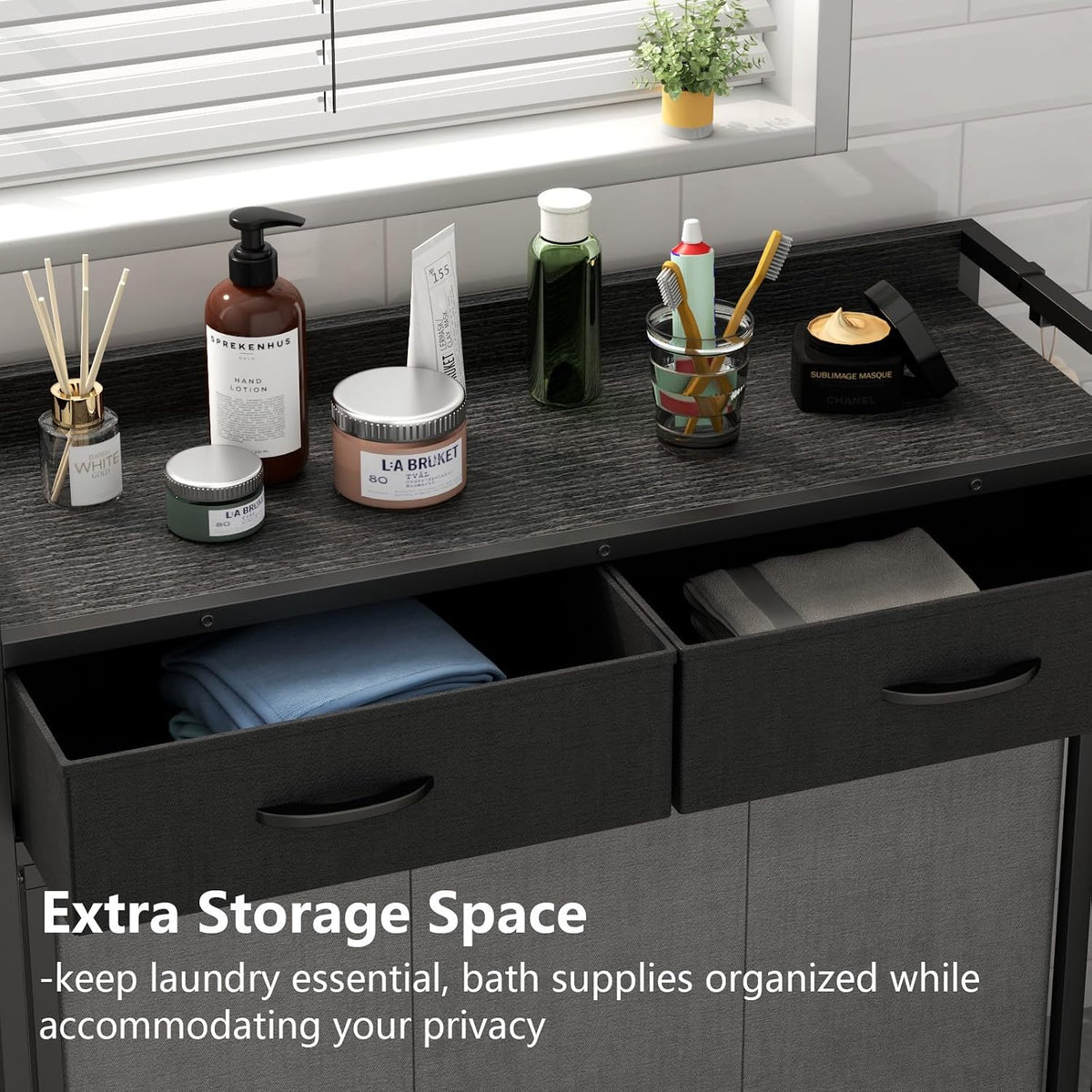 Laundry Hamper Laundry Basket with 3 Section Pull-Out Rolling Bags, Laundry Sorter for Organization and Storage with 2 Pull-Out Drawers for Laundry Room, Bathroom, Bedroom Use (Black)