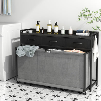 Laundry Hamper Laundry Basket with 3 Section Pull-Out Rolling Bags, Laundry Sorter for Organization and Storage with 2 Pull-Out Drawers for Laundry Room, Bathroom, Bedroom Use (Black)