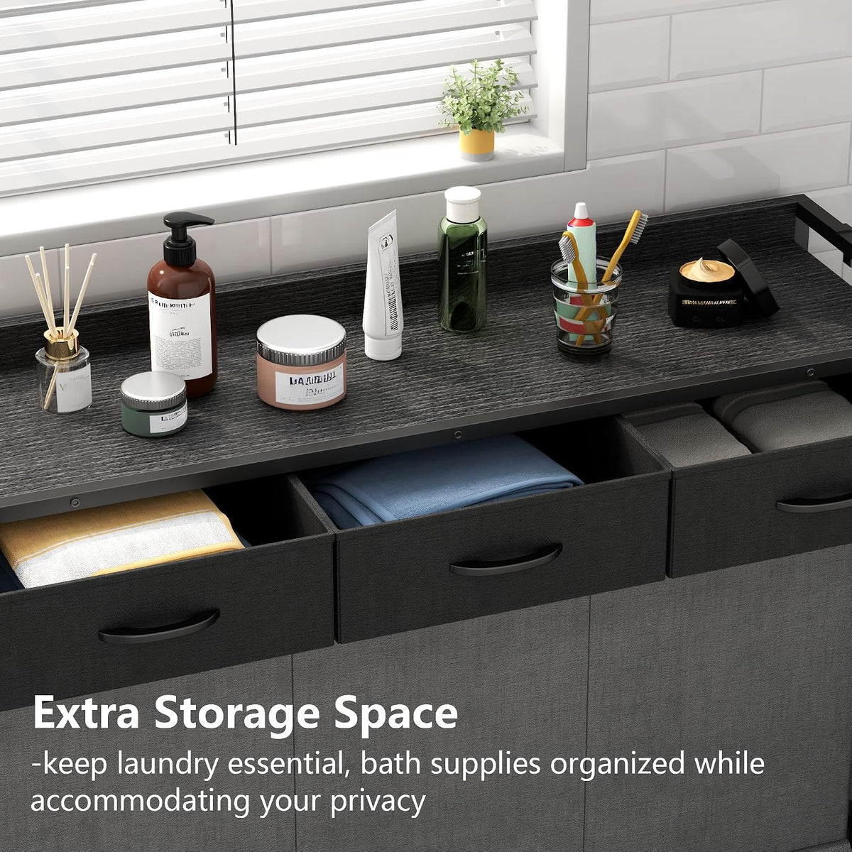 Laundry Hamper Laundry Basket with 3 Section Pull-Out Rolling Bags, Laundry Sorter for Organization and Storage with 2 Pull-Out Drawers for Laundry Room, Bathroom, Bedroom Use (Black)